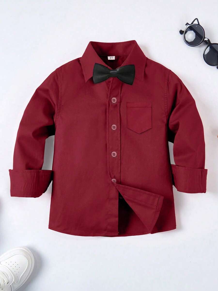 6-16岁男童长袖衬衫，婚礼正装衬衫，派对衬衫，带口袋和领带，酒红色 - 酒紅色 - 查看 1