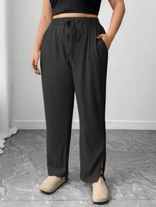 1 pieza Pantalón lápiz de ajuste suelto con diseño de abertura y cordón elástico para mujer talla grande, adecuado para salidas casuales, al aire libre, yoga, fitness, trotar, senderismo, ciclismo, de unicolor y estilo básico, para todas las estaciones - Negro - Ver 4