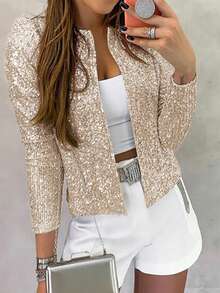 ChicMe Women Sparkly Sequin Open Front Blazer Coat With Shoulder Pads Puff Sleeve Long Sleeve Solid Color Fashion Chic Outerwear For Party Cocktail - Apricot - View 2