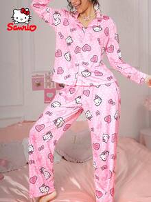 Sanrio 2pcs Hello Kitty Sleepwear Set For Women, Featuring Hello Kitty Design, Bow & Heart Print, Long Sleeve Top And Pants, Cute Pajama Set, Loungewear - Baby Pink - View 3