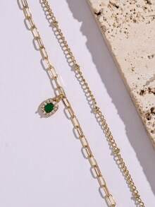 2件套奢华铜镶嵌方形绿色锆石吊坠手链，时尚双层腕饰 - 金黃色 - 查看 5