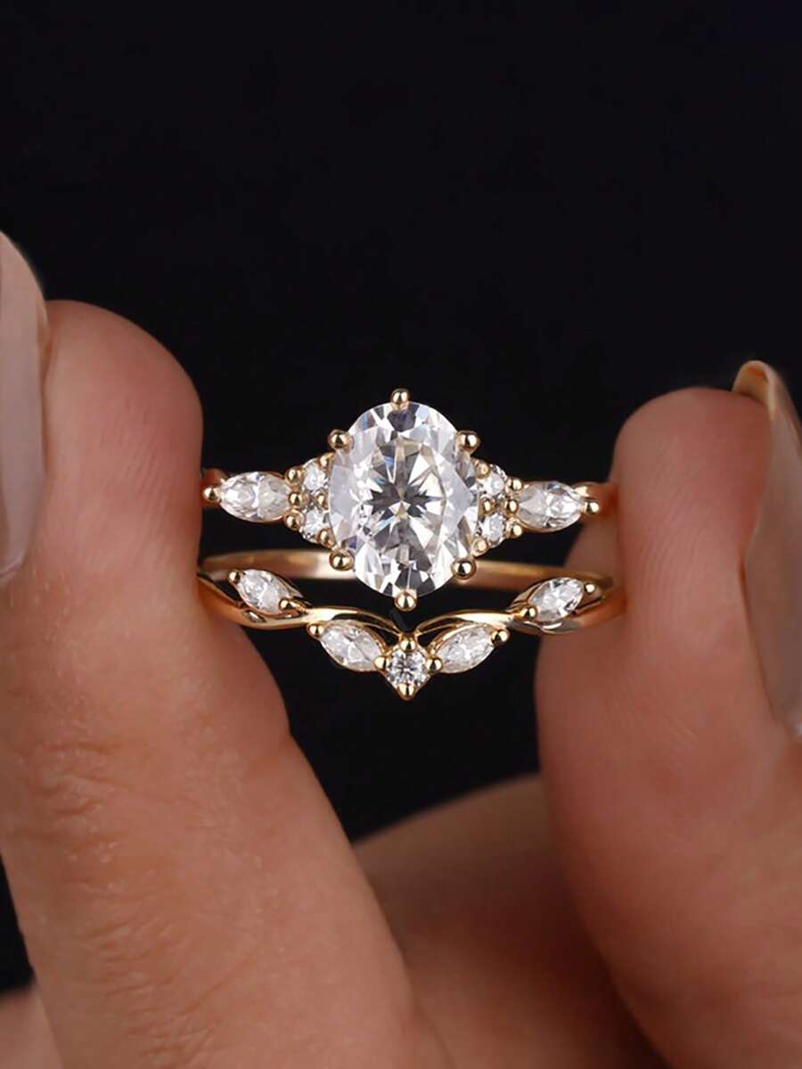 ESBERRY 2件套 925纯银 华丽闪亮十字椭圆锆石套装 女士结婚戒指 情人节礼物 订婚新娘首饰 - 橢圓鋯石套戒 - 查看 1