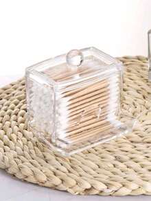 1 Pc Acrylic Qtip Holder With Bamboo Lid, Clear Small Swab Dispenser, Plastic Ear Stick Swabs Holder, Toothpick Storage Container, Bathroom Countertop Decorative Storage Organizer - Multicolor - View 2