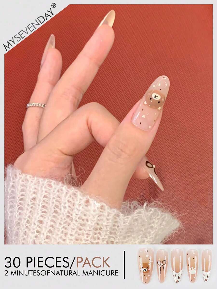 30片装美甲贴纸，杏仁形/法式长款豹纹图案，卡通泰迪熊设计，完美贴合的亚克力假指甲套装，包含1片果冻胶和1个指甲锉，适合女性在秋冬季日常工作、学习和聚会中使用。这款美甲产品也适用于派对、节日和日常佩戴。 - 彩色 - 查看 1