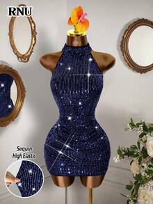 RNU Đầm ôm sát hở lưng màu xanh hải quân đính sequin, lãng mạn, gợi cảm, không tay, thích hợp cho hẹn hò, tiệc tùng, hộp đêm, dạo phố, lễ hội, Ngày Valentine, Năm mới, sinh nhật, Xuân/Hè/Thu/Đông, trang phục nữ mùa thu, khách dự đám cưới, váy ngắn nữ mới. - Màu xanh hải quân - Xem 10