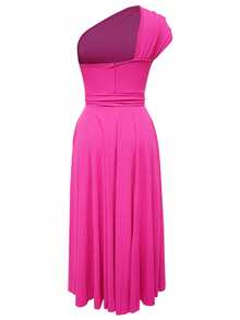 Plus Size Women's Solid Color Asymmetric Waist Twist Ruched Elegant Dress - Hot Pink - View 2