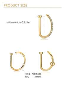 3件套/2件套/1件装女士假鼻环，金色D形镶嵌，5A级假鼻环，假唇环，鼻中隔无孔鼻夹，摇滚嘻哈不锈钢时尚朋克风身体饰品，适合女性日常佩戴、沙滩泳装、日光浴、舞会、派对、情人节、万圣节、圣诞节、母亲节、开学季、生日等场合，可作为送给女友/男友/母亲/父亲/同学的礼物。 - 金黃色 - 查看 5