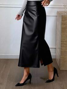 Livesso Women's Pu Material Long Split Skirt,Ladies Late Fall Elegant Split,Zipper Midi Regular Fit Ultra High Waist Black Plain Women Skirts,Casual Daily Wear,Pencil Skirt Leather Skirt - Black - View 1