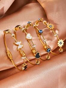 1pc Stainless Steel Gold Bangle Bracelet With Lucky Blue Evil Eye Charm, Fashionable Jewelry For Men And Women - Gold - View 1