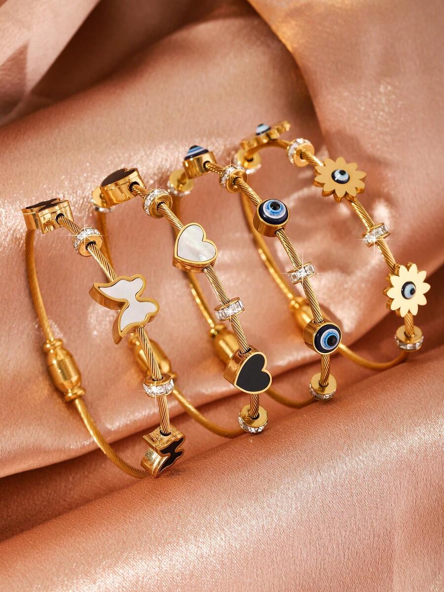 1pc Stainless Steel Gold Bangle Bracelet With Lucky Blue Evil Eye Charm, Fashionable Jewelry For Men And Women - Gold - View 1