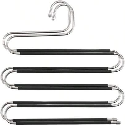 SShape Stainless Steel Clothes Pants Hangers Trousers Hangers Closet Space Saving Closet Storage Organizer For Pants Jeans Scarf Hanging 5 Piece Black