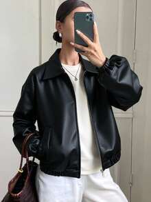 Livesso Chaqueta de piel de imitación con bolsillos en ángulo, ropa de mujer de otoño - Negro - Ver 4