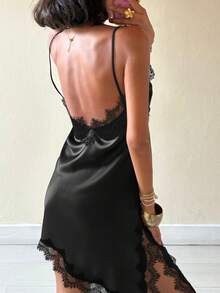 Women's Satin Lace Slip Dress - Spaghetti Strap Deep V Neck Asymmetrical Hem Midi Dress For Party Going Out - 黑色 - 查看 3