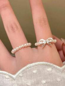 3件套简约蝴蝶结珍珠串珠可调节戒指套装，优雅百搭的日常饰品，送给女友、姐妹、圣诞节、情人节、生日、母亲节的绝佳礼物 - 白色 - 查看 5