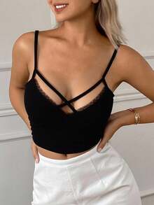 Livesso Lace Trim Cropped Camisole Top For Summer Going Out Tops - Black - View 4