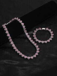 时尚优雅闪亮粉色心形项链手链套装，适合女士参加派对、日常佩戴、音乐节、情人节、节日礼物等场合。 - 時尚粉紅愛心項鍊 - 查看 6