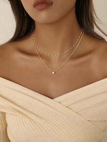 Tsnamer 女士多层金项链 时尚14K镀金心形CZ吊坠 多层金项链套装 硬币项链 简约圆形立方氧化锆珍珠项链 多层人字纹夹链首饰套装 - 2件套裝 - 查看 5