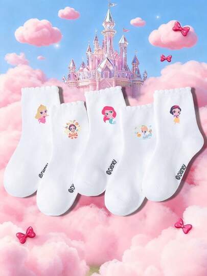 Disney 5 Pairs Kids/Girls' Ruffled Socks, Cute Cartoon Princess Pattern, Fashionable Soft & Breathable Sports Socks, Versatile For Back To School, Campus, Sports, Comfortable For Students