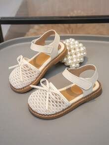1 Pair Children's Fashionable & Versatile Flat Sandals, Soft & Comfortable Hook And Loop Closure, Bow Decor, Anti-Slip , Suitable For Summer - White - View 4