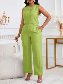 2pcs Women Sleeveless Casual Elegant Top And Pants Set With Slant Pockets & Button Details - Lemon Green - View 3