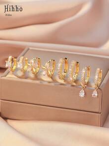 Hihho 8 件/套经典花形水晶耳钉，搭配闪亮锆石耳圈，优雅女士珠宝套装，非常适合日常佩戴和节日派对礼物 - 金黃色 - 查看 2