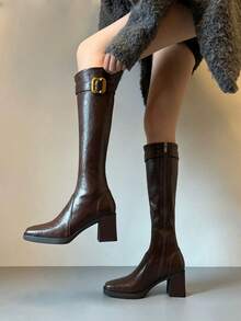 女士性感高跟过膝长靴，搭扣方头修身骑马靴，秋冬款 - 棕色 - 查看 2