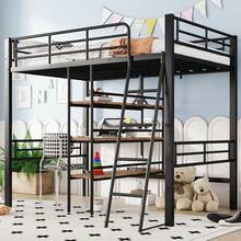 High Bed, 90*200cm, Without Mattress, Bed With Desk, Multiple Shelves, Railing, Ladder, Iron Frame, Black - 黑色+金屬+90cm*200cm - 查看 1