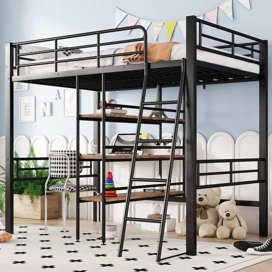 High Bed, 90*200cm, Without Mattress, Bed With Desk, Multiple Shelves, Railing, Ladder, Iron Frame, Black - 黑色+金屬+90cm*200cm - 查看 1