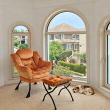 Armchair With Stool, Relaxing Armchair With Armrests, Side Pocket And Footrest, Living Room Armchair, TV Chair, Wingback Armchair For Living Room, Bedroom, Office (Khaki) - Orange + Fabric+Metal - View 12