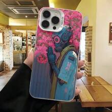 Cubierta de telefono con diseño de robot y flores rosadas azul rosa para mujer elegante uso diario en cafeterias y salones - Blanco - Ver 7
