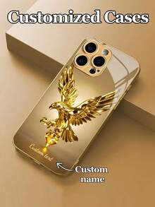 1pc Customizable Personalized Text & Gold Luxury Crystal Eagle Design Tempered Glass Phone Case, Compatible With IPhone 17 Pro Max/17 Air/16 Plus/15/17/13/12/11/XS Max/6 7 8 Plus, S25 Edge/S20/24 Plus/S23 FE/S21 Ultra, Fashion High-Definition Printing, Best Gift For Friends, Classmates, Girlfriends, Brothers, Family - Gold - View 1