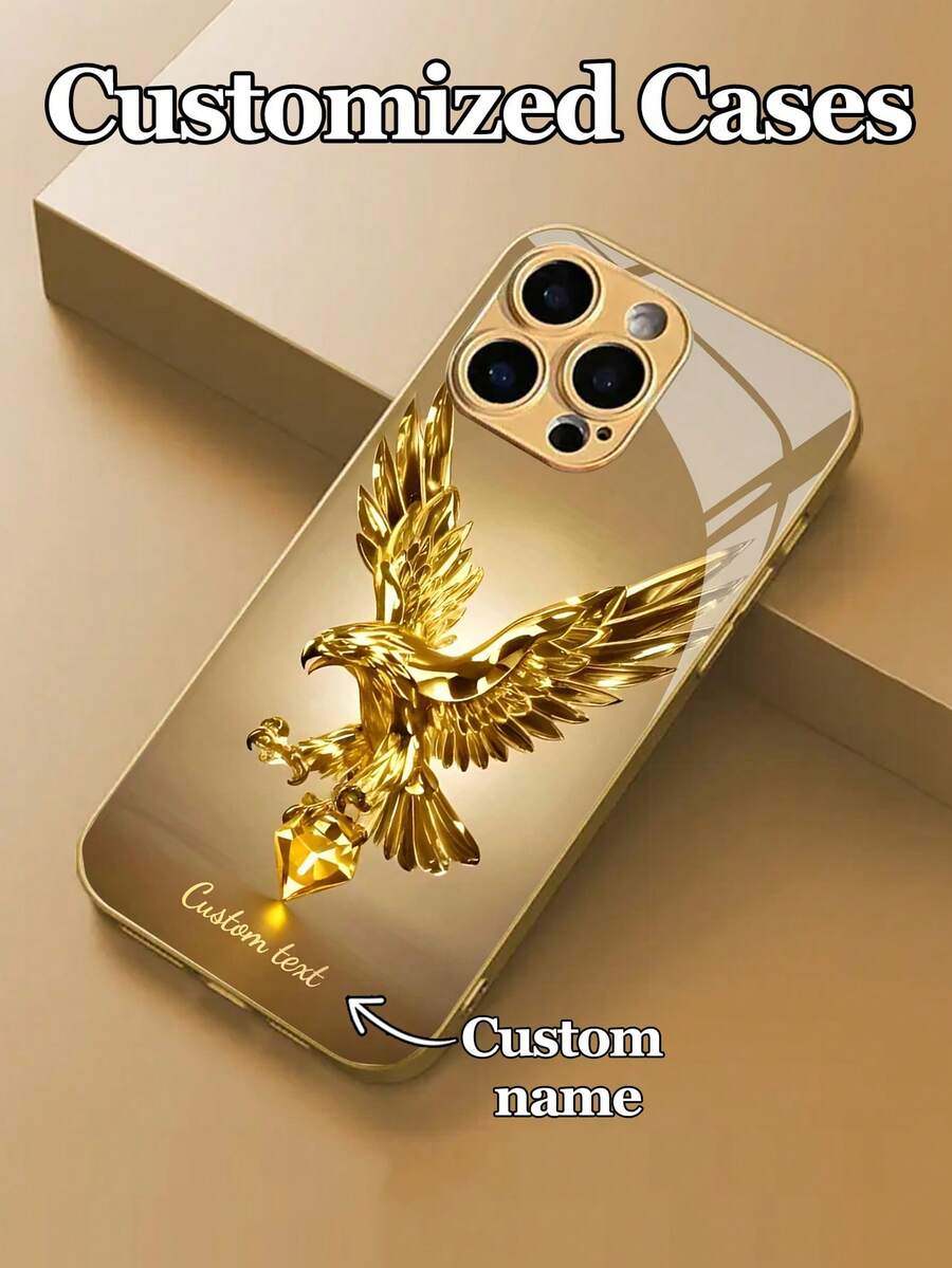 1pc Customizable Personalized Text & Gold Luxury Crystal Eagle Design Tempered Glass Phone Case, Compatible With IPhone 17 Pro Max/17 Air/16 Plus/15/17/13/12/11/XS Max/6 7 8 Plus, S25 Edge/S20/24 Plus/S23 FE/S21 Ultra, Fashion High-Definition Printing, Best Gift For Friends, Classmates, Girlfriends, Brothers, Family - Gold - View 1