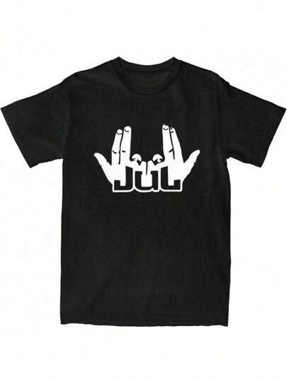 Camiseta masculina retrô streetwear - Preta com estampa branca do sinal de "JUL" feito com a mão - Manga curta e gola redonda - Roupa casual