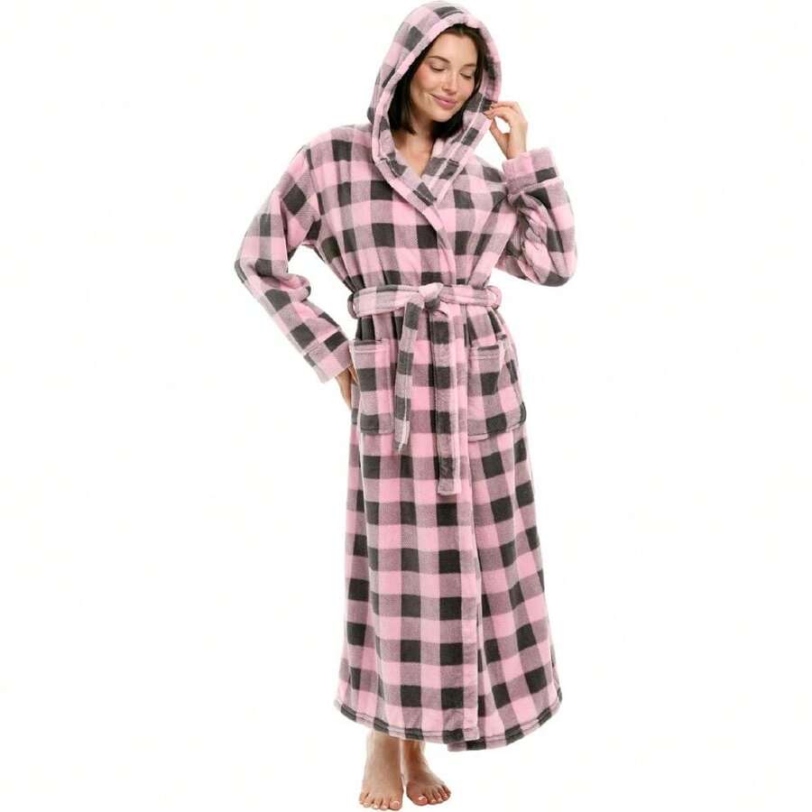 Womens Robe, Long Plush Bathrobe With Hood, Hooded Robes For Women Plus Size Bath Robe,31371257 - 粉色 - 查看 1