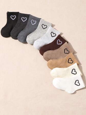 10 Pairs Baby Solid Color Heart Mid-Calf Socks, Autumn/Winter