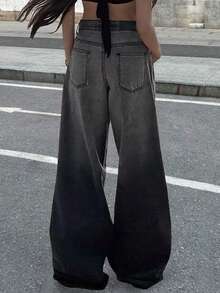 سراويل جينز نسائية بغسيل أومبري أسود، سراويل فضفاضة ذات ساق مستقيمة، سراويل ساق واسعة كاجوال، للربيع والصيف