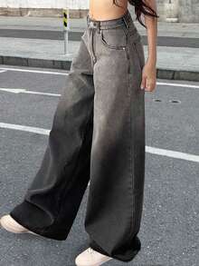 سراويل جينز نسائية بغسيل أومبري أسود، سراويل فضفاضة ذات ساق مستقيمة، سراويل ساق واسعة كاجوال، للربيع والصيف