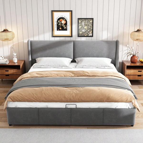 Upholstered Bed, Ear-Shaped, Cushion Top, Double Bed, Hydraulic Functional Bed, 160 X 200, Grey