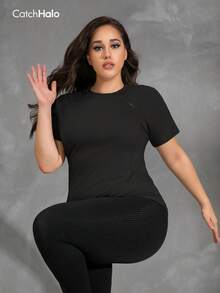 大码女式运动上衣，四向弹力短袖插肩圆领弧形下摆健身衫，带反光标签 | 修身速干吸湿排汗女式运动上衣，适合曲线身材，黑色夏季款 - 黑色 - 查看 7