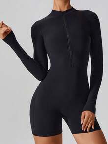 Mono casual de mujer con cremallera frontal, manga larga y cuello alto en unicolor - Negro - Ver 6