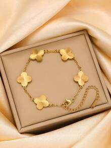 Luxury Elegant Fashion Four-Leaf Clover Nail-Shaped Inlaid Zirconia Textured Four-Leaf Clover Bracelet Stainless Steel Women's Bracelet Set, Suitable For Daily Wear, Formal Occasions, Dates, And Gift-Giving - Yellow Gold - View 6