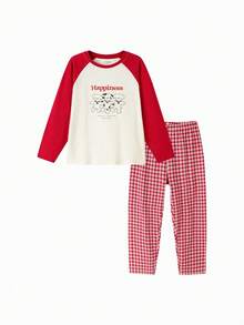 Balabala 2pcs/Set Tween Girls' Spring New Cotton Letter & Cartoon Dog Print Raglan Sleeve Top And Plaid Pants Pajama Set - Red Hue - View 4