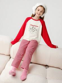 Balabala 2pcs/Set Tween Girls' Spring New Cotton Letter & Cartoon Dog Print Raglan Sleeve Top And Plaid Pants Pajama Set - Red Hue - View 2