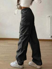 1pc Tween Girl/Teens High Street Design Casual Cargo Pants - Black - View 2