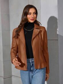 女士仿皮夹克，休闲短款PU摩托车夹克 - 棕色 - 查看 4