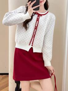 女士圆点花纹圆领开衫，秋冬青春风尚 - 紅白色 - 查看 3