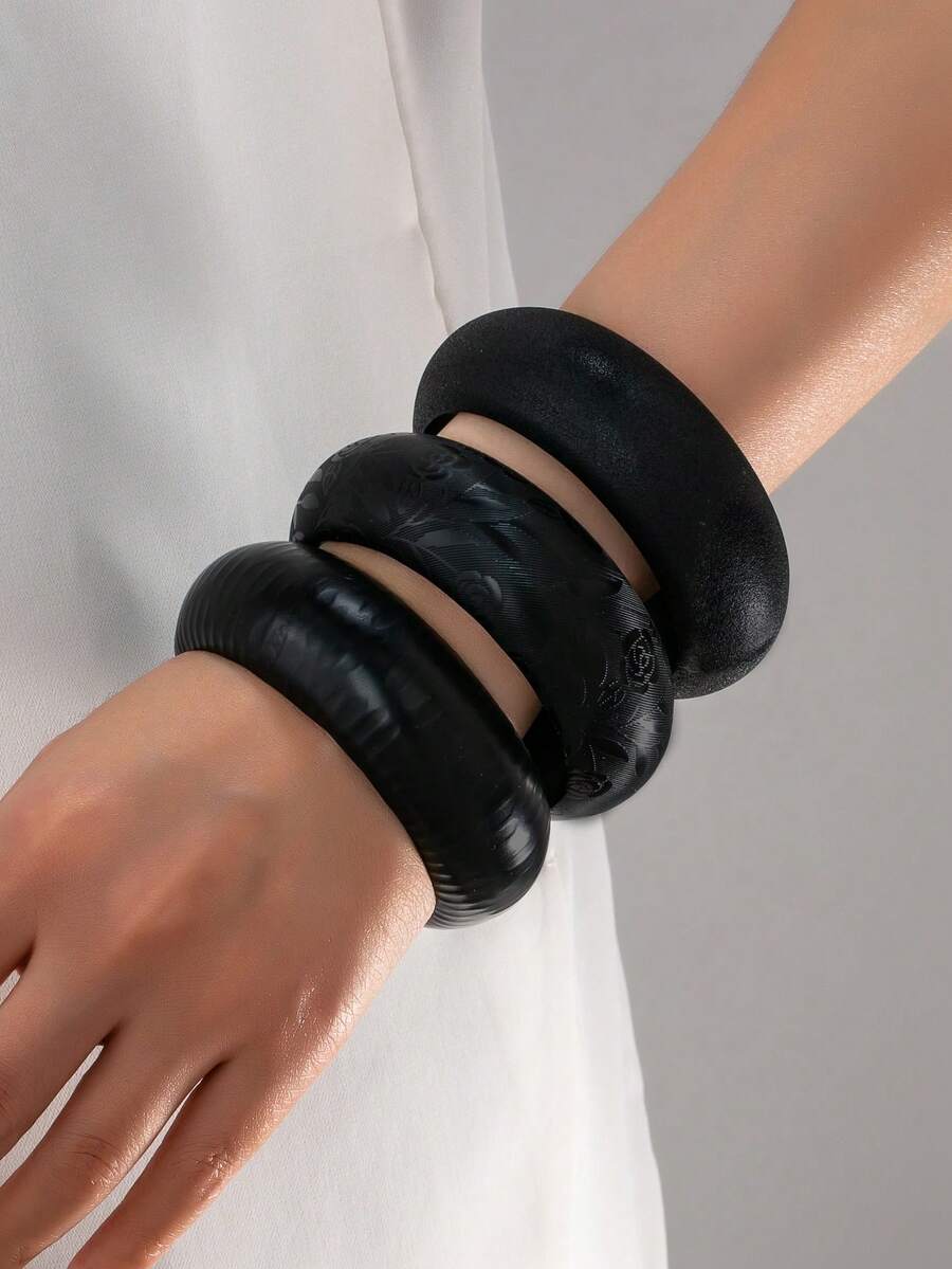 1pc Fashionable Burnished Floral Pattern Shiny Bracelet, Suitable For Women's Daily Wear - Black - View 1