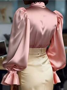 Women Satin Button Down Shirts Long Sleeve Lapel V Neck Blouse Spring Summer Fall Lantern Loose Casual Office Business Work Tops Outfits - Pink - View 3