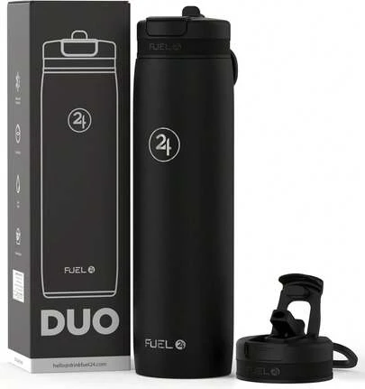 Duo - Stainless Steel Water Bottle 700ml Or 1L - Vacuum Insulated Metal Flask With Straw (Dual Use Lid) 1 Litre - For Sports, Gym, Work – Slim Design (Carbon, 700 Ml)