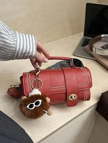 1pc Mini Retro Cylinder Handbag For Women, Daily Use (With Furry Accessory) - Red - View 4